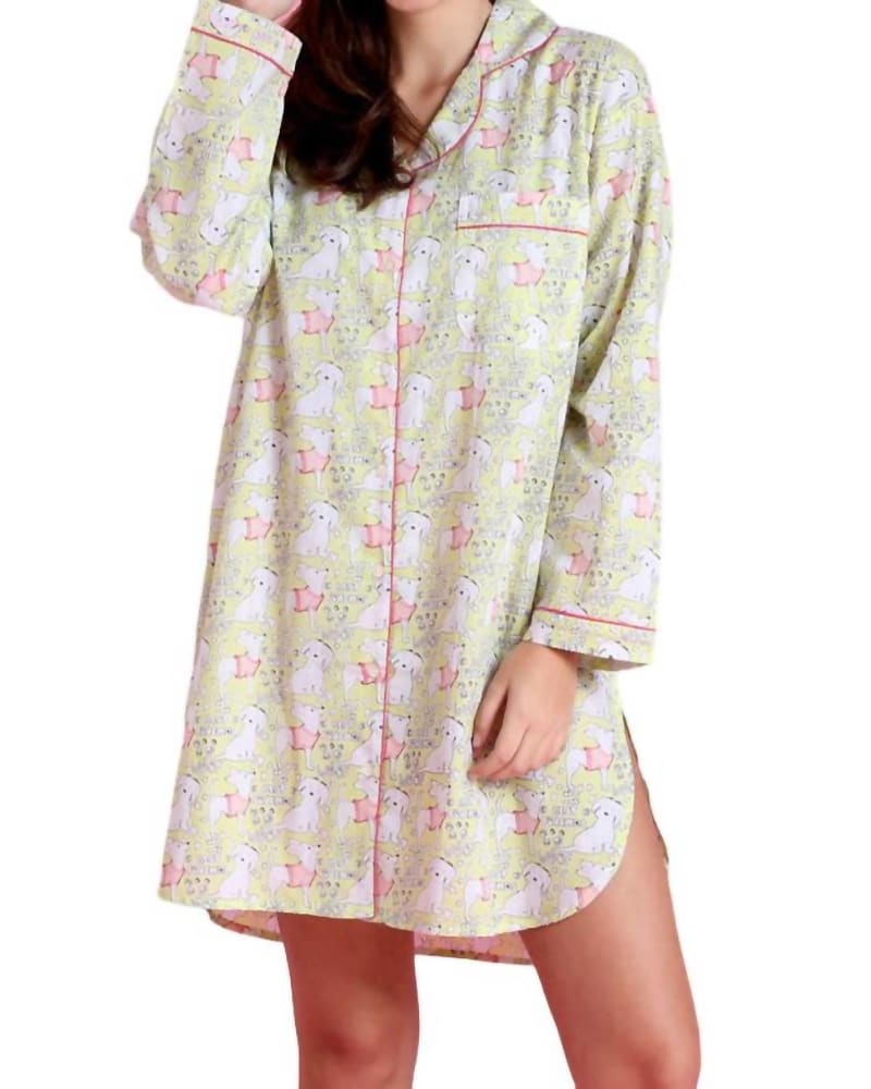 Front of a model wearing a size L Woof Friends Nightshirt In Multi in Multi by The Mahogany Store. | dia_product_style_image_id:356790